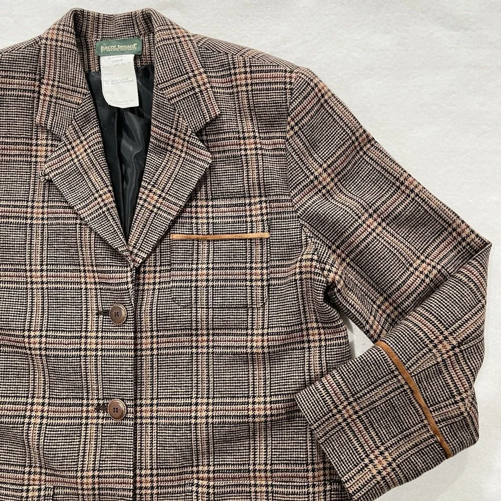 Wool Plaid Blazer Harve Bernard  With Suede Leather Trim Womens Size 12 Vintage